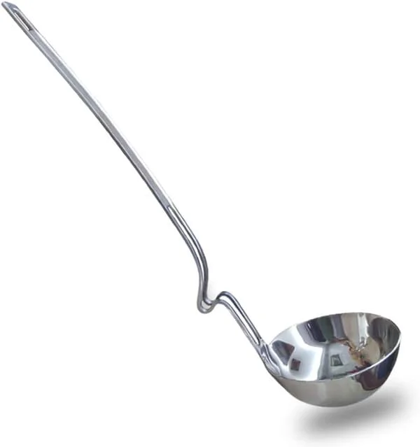 Stainless Steel Hanging Ladle with Unique Curved Handle Creative Hot Pot Soup Spoon Thickening Side Support Ladle 13 Inch