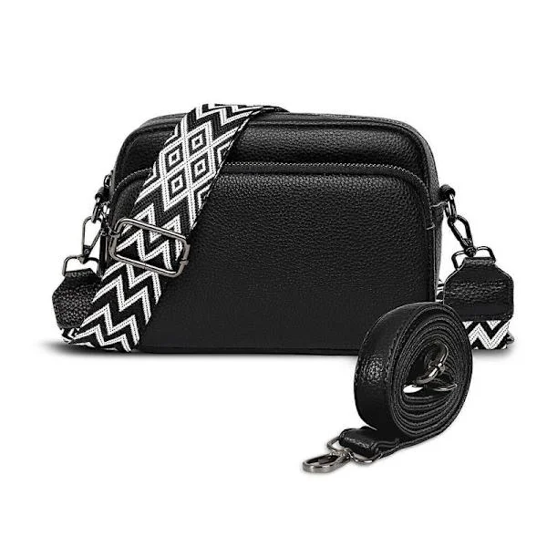 Läder Axelremsväska Dam Svart Crossbody Väska Dam Bred Rem Liten Axelväska Dam med 2 Breda Axelremmar Crossbag Axelremsväska Dam