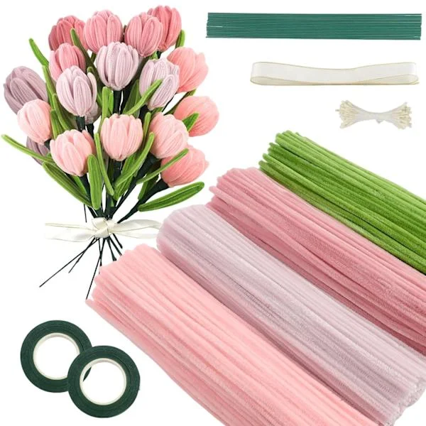 Set of 400 Pipe Cleaners, Chenille Stems, Tulip Flower Cleaners - 4 Colors - with 2 Rolls of Floral Tape, 20 Flower Stems