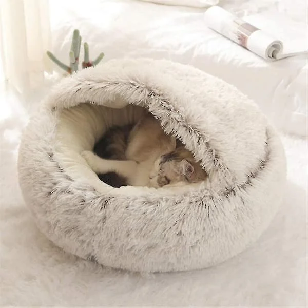 Mjuk kattbädd, rund, mjuk plysch, koja med huva, kattbädd, för vintern, varm, sovkudde, halkfri, maskintvättbar, för katter och valpar