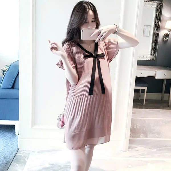 Kvinnor Lös Plisserad Klänning Mjuk Andningsbar Elegant Rosett Mammaklänning för Vardag Shopping Rosa M