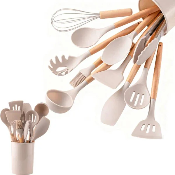 Set med 12 köksredskap i silikon med trähandtag - förvaringsbehållare - non-stick panna och köksredskap - set med stekspade och sked