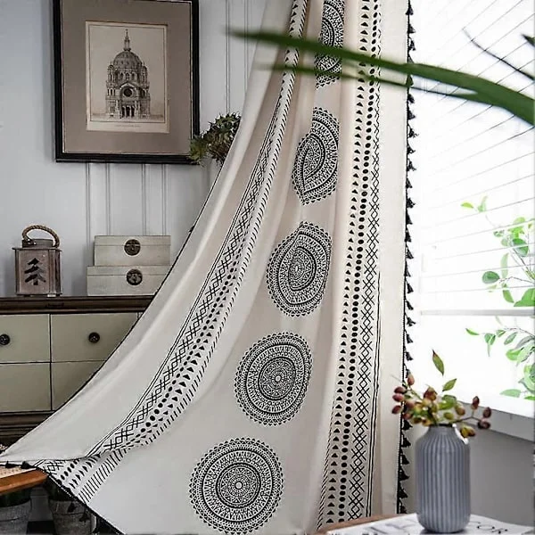 Verhot Mandala Geometriset Valkoiset ja Mustat Verhot Purjerenkailla Polyesteri Puuvillaverhot Tupsulla Keittiöön Ruokasaliin