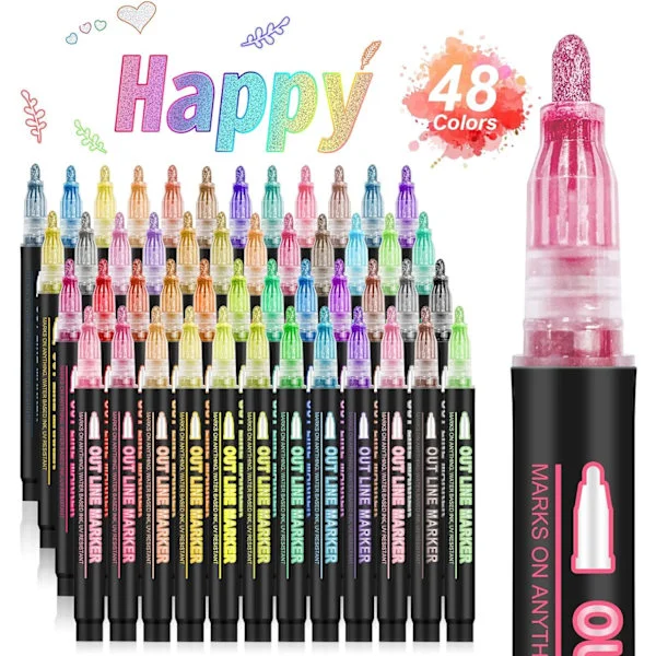 Dobbeltlinje konturpenne Shimmer Markers Julestrømpefyld til børn Teenager Pige Gaver 48 farver Metallisk Glitter Outliner Pen Sæt til kunst