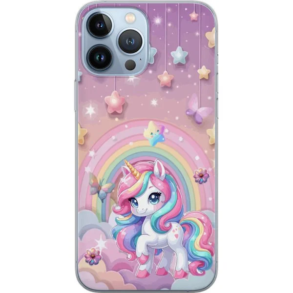 Kompatibel Mobilcover til Apple iPhone 13 Pro Max Sødt fantasy motiv med enhjørning, regnbue, stjerner og pastelfarvede skyer