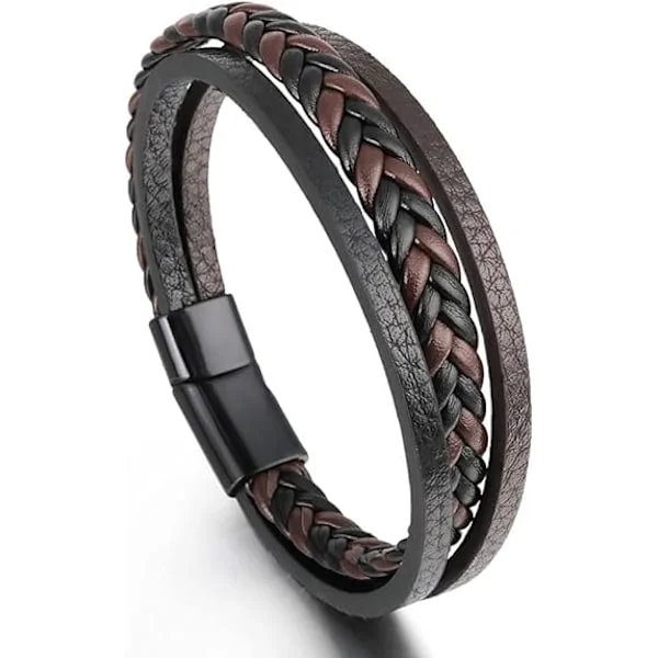 Læderarmbånd til mænd i brun, ægte koskindslæder unisex manchetarmbånd flerlags magnetisk lås reb armbånd til mænd og kvinder