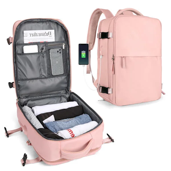 Kabinväska 45x30x16 Under Seat Ryggsäck för Flygplan Handbagage Under Seat Carry On Ryggsäck Laptopväska Dam Reseryggsäck med Skofack, C rosa