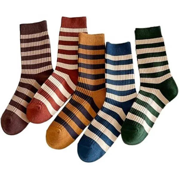 Sokker 5-parspakke Damestrømper Størrelse 36/40 Damestrømper Retro Stil Fargerike Stripete Sokker Knesokker Dame Ensfargede Sokker Lange