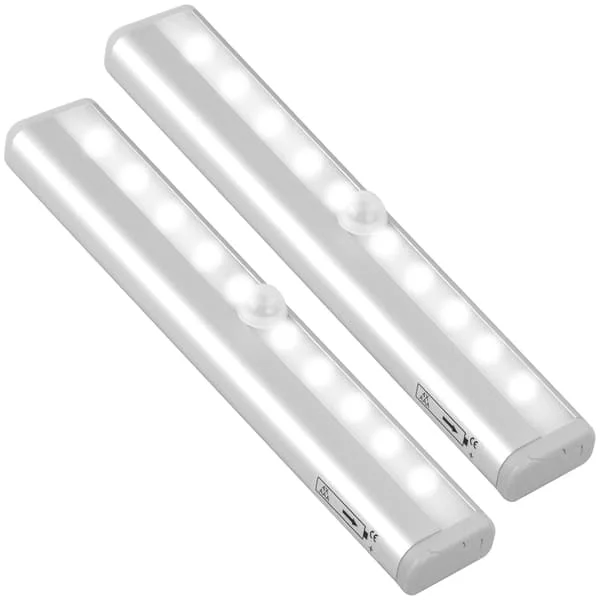 2 stk. LED Skabslampe Bevægelsessensor med Magnetstribe, 10 LED Natlampe Batteridrevet Skabslampe, Skabsbelysning, Trådløs Belysning