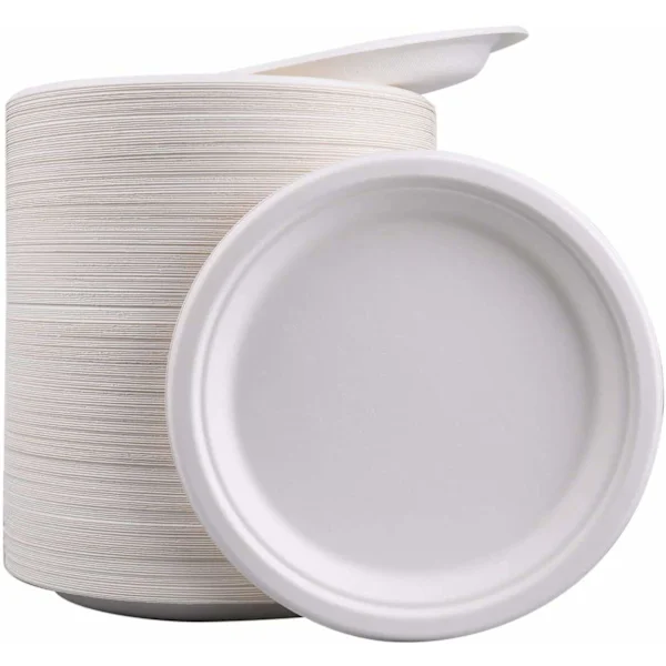 Pakke med 50, store stærke tallerkener af premiumkvalitet, super stive bagasse tallerkener bionedbrydelige, middagstallerkener 9 tommer perfekte