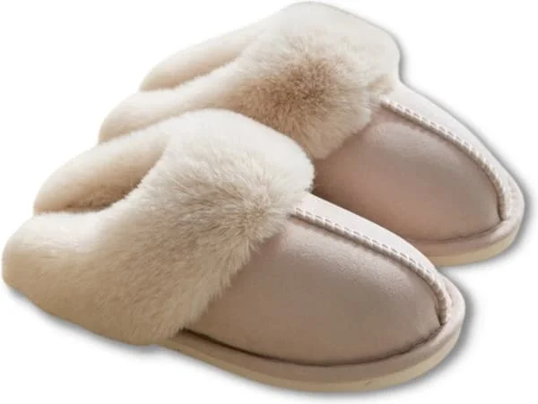 Tofflor Dam och Herr Fluffiga Öppna Tofflor med Plyschfoder Halkfri Sula - Beige - Storlek 38/39