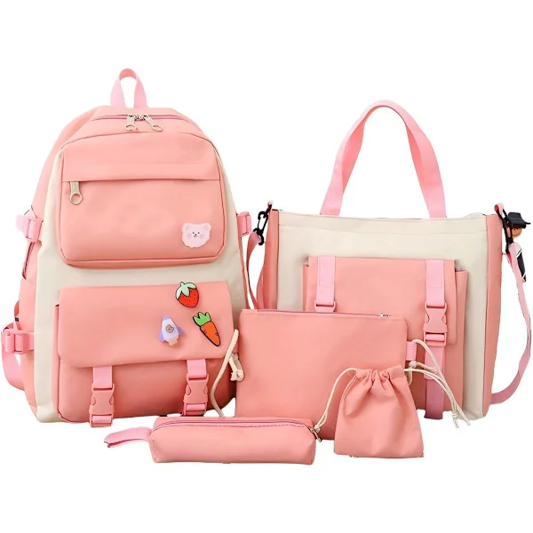 Canvas School Backpack with Tote Bag, Shoulder Bag and Pencil Case, Lightweight Casual Daypack for Girls Students, Pink 29x12x40cm