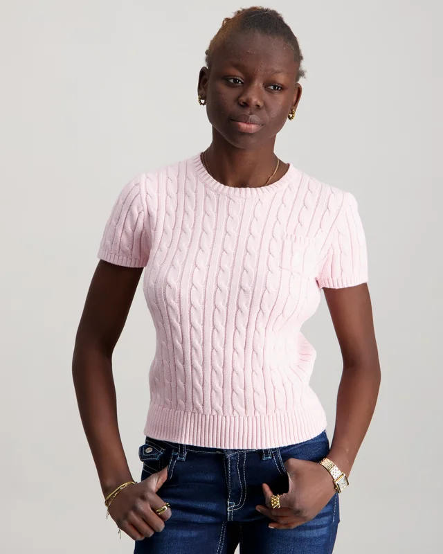 Polo Ralph Lauren Cable-Knit Cotton Short-Sleeve Sweater Rosa Genser Jente - Kids Brand Store