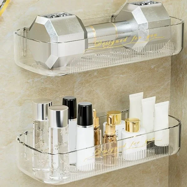 Bathroom Shelf, No Drilling Bathroom Shelves, Plastic Shower Shelf Shower Caddies Wall Mounted for Kitchen and Bathroom (Transparent White)