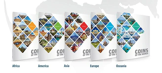 Kontinent-kollektion / 5 mapper - Afrika, Amerika, Asien, Europa, Oceani - 5 mapper med i alt 203 mønter, 1 fra hvert land