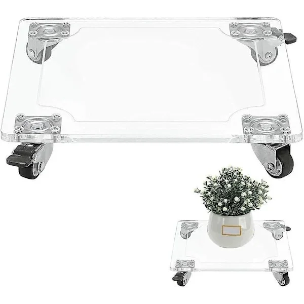 [EN] Acrylic Plant Caddy, Heavy Duty 30 kg/66 lbs Capacity 10x10 inch Square Clear Plant Pot Stand with 4 Rubber Wheels Lockable Plant Dolly for 