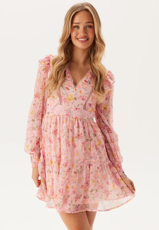 VILA - Viroman New V-neck L/S Short Dress - Misty Rose AOP:FLOWER - Blommig Klänning