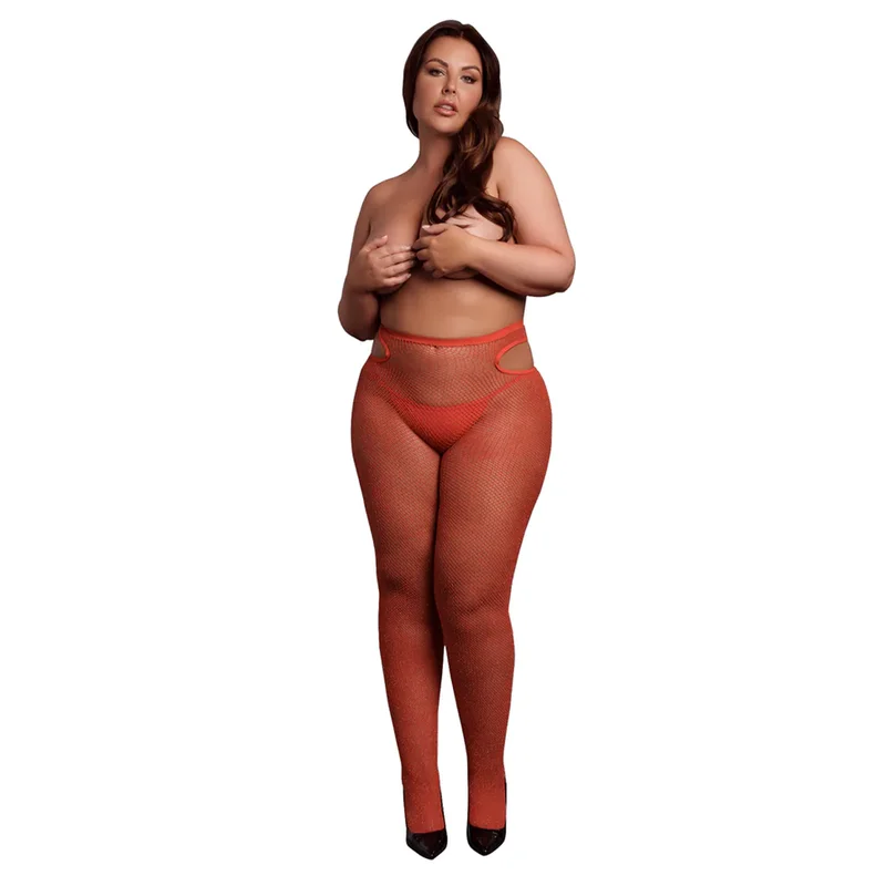 Shots: Shimmering Cut-Out Tights Plus Size - Red/Gold Glitter - Vuxen.dk: Lingeri & undertøj