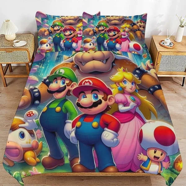 【BQ】Sengetøj JP142 Super Mario 3-delt dynebetræk, Super Mario Sengetøj, Blødt Mikrofiber Dynebetrækssæt med Lynlås TH142