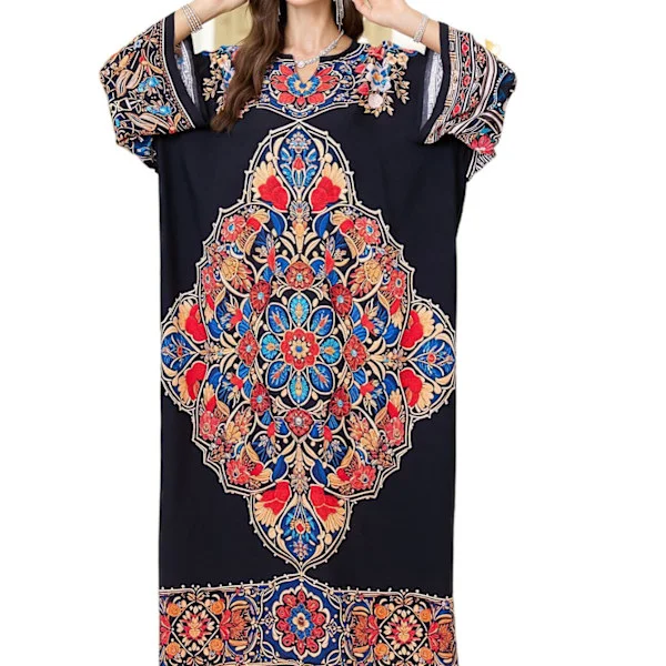 Dam V-ringad Svart Kofta Strandöverdrag med Guldkant, Off Shoulder Lös Kaftan Maxiklänning för Badkläder, Plus Size Boho Stil Semester Lång Robe