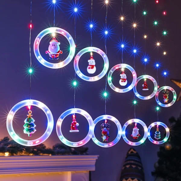 Christmas Curtain Lights 3m, Indoor Window Curtain Light Garland, Multi-colored with 3D Christmas Figurines Lights Home Party Room Decoration