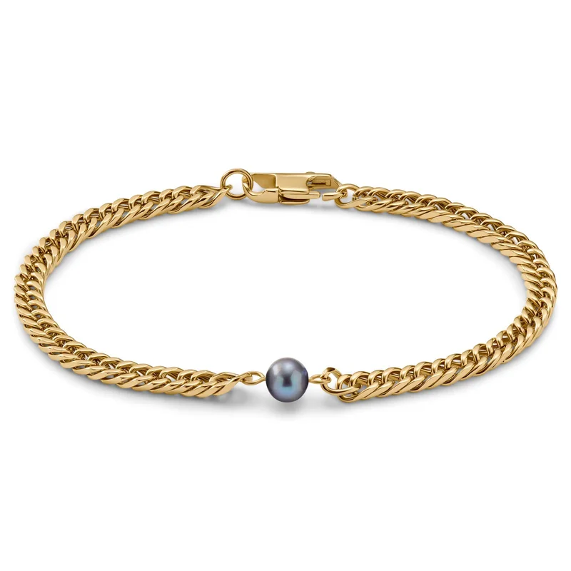 Ocata | Gold-Tone Cuban Chain & Black Pearl Bracelet for Men - Steel bracelets