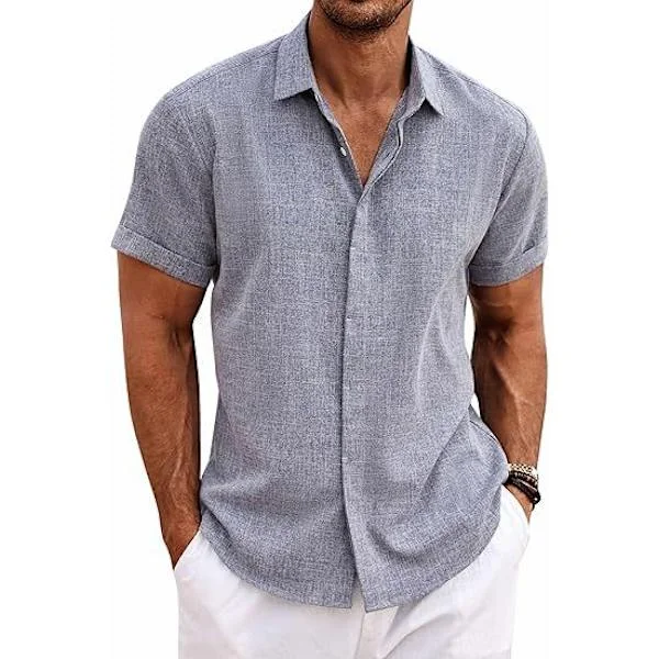 Linneskjortor för män kortärmade vardagsskjortor button down-skjorta för män strand sommar stengrå