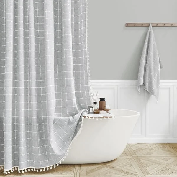 Boho Duschdraperi - 36x72 Smalt Linne Ultratjockt Tofs Tyg Duschdraperi Set med 6 Plastkrokar, Halv Modernt Lantligt