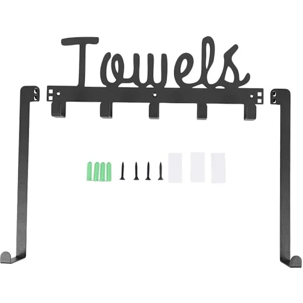 Over Door 5 Hooks Door Hanger, Bathroom Organizer for Door Towels to Hang Towels, Dress, Shirt, Hat - Black