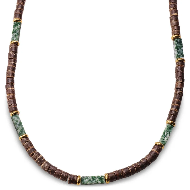 Surfer ketting van kokosnoot en groene jaspis voor mannen - Kralenkettingen