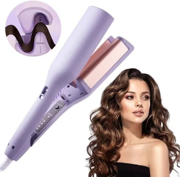Curling Iron 32 mm with 4 Temperature Settings - French Wave Tong for Beach Waves and Large Curls, for All Hair Types Purple Pink