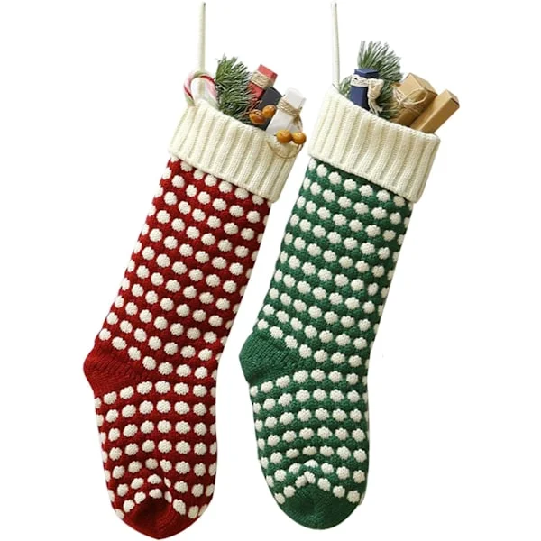 Julestrømpe, 45 cm Unik Bourgogne og Grøn Strikket Julestrømpe med Polka Dot-Stil (Længde 45 cm, 2-pak)