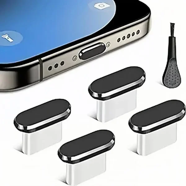 4 kpl USB C -pölysuoja puhdistusharjalla, pölytiivis USB-C -tulpat, latausportin suojukset iPhone Samsungille ja kaikille älypuhelimille, musta