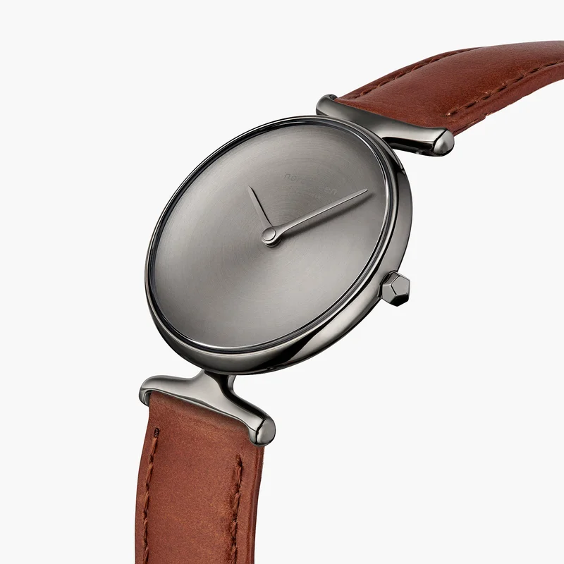Nordgreen Best Women's Slim Designer Watch - Silver Case - Brushed Metal Dial - 32mm Brown Leather Strap White Dial Unika
