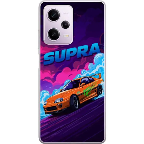 Yhteensopiva Puhelinkuori Xiaomi Redmi Note 12 Pro Mahtava oranssi urheiluauto neonvärisessä ympäristössä, jossa vauhdin tunnetta ja kilpa-ajoa inspi