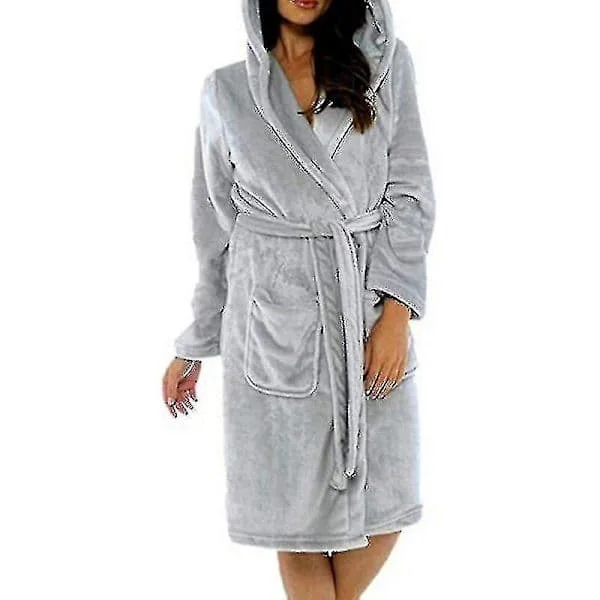 Vinter Fleece Morgenkåpe Dame Morgenkåpe Med Hette Fluffy Håndkle Teppe Morgenkåpe Grå