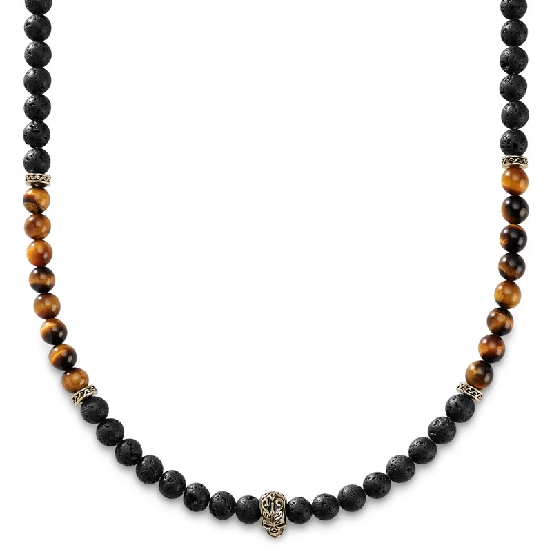 Rico | Black Lava & Yellow Tiger's Eye Skull Necklace for Men - Beaded necklaces