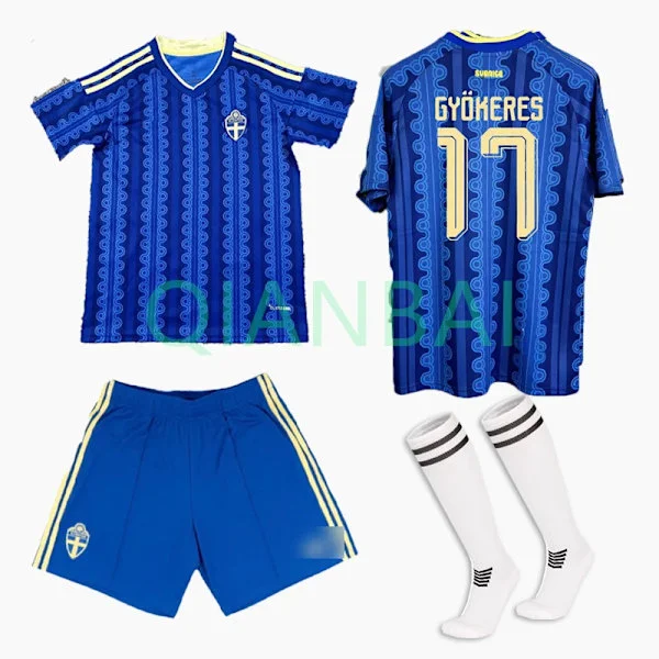 2026 Sverige Bortedrakt Fotballdrakt Sett Isak 9 Gyokeres 17 Fotballsett Skjorte Shorts Sokker Voksen Barn Nordisk*28*Størrelse 17 + sokker