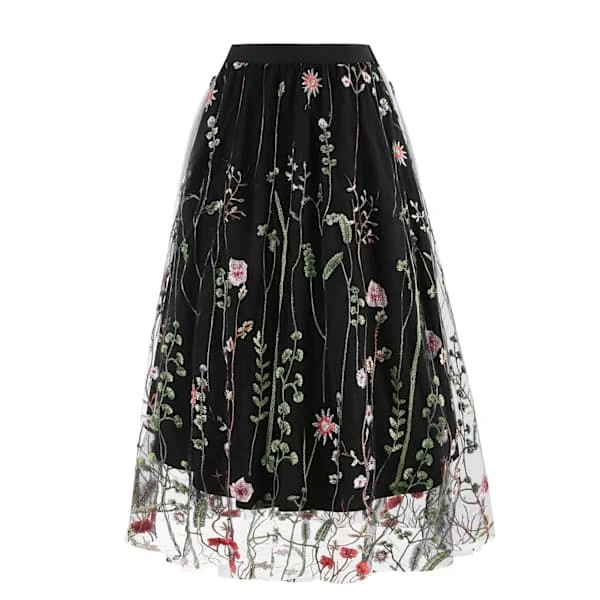 Kvinders blomsterbroderede nederdel, elastisk talje, elegant blonde, flerlags tylnederdel til fester, sort M