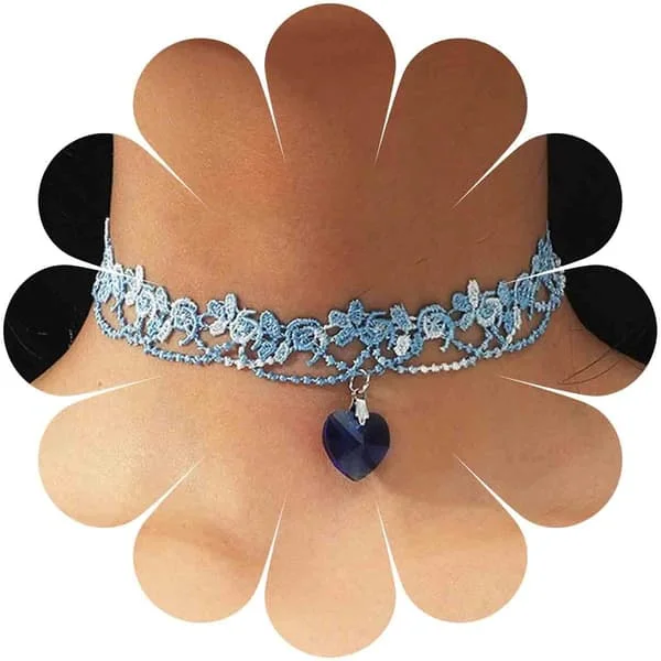 Boho blonde choker halskæde kort safir hjerte vedhæng halskæde blå hjerte krystal halskæde vintage blonde blomster halskæde