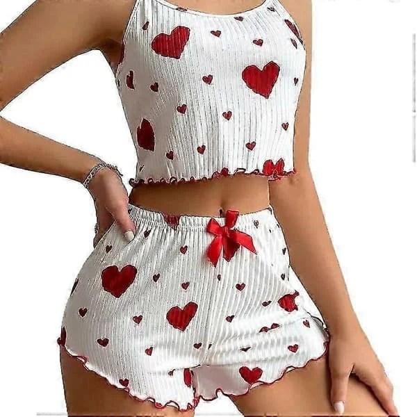 Kesäinen sydänkuvioinen toppi-pyjamassetti ja shortsit, 2 kpl oloasu naisille