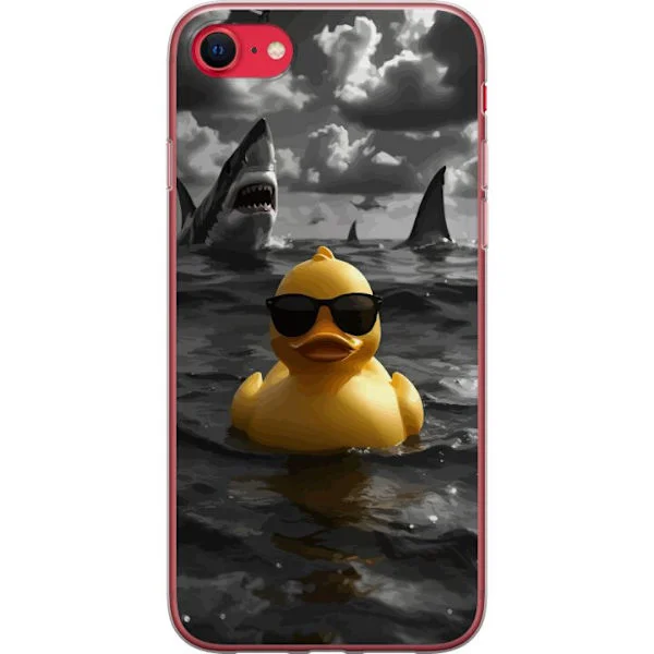 Kompatibel Mobilcover til Apple iPhone SE (2020) En sej gul badeand med solbriller flyder roligt i havet mens hajer svømmer rundt i dramatiskt vand o