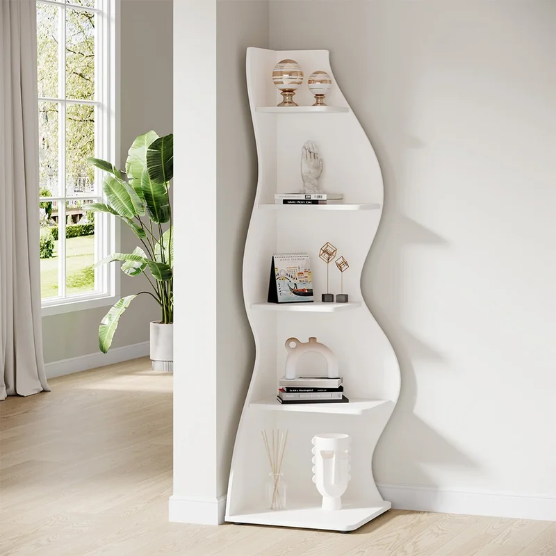 Hvit hjørnebokhylle / hjørnehylle / bokhylle / hylle med 5 justerbare hyller i moderne design