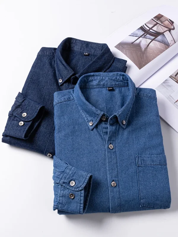 AliExpress - Vielseitiges, lässiges Langarm-Jeanshemd für Herren mit Taschen, reguläre Passform, bequem, weich, 100 % Baumwolle, gewaschene 