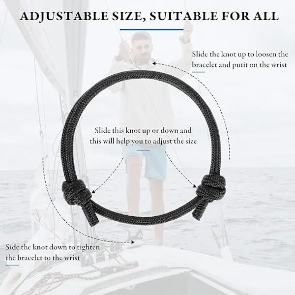 Tau armbånd 2 stk. Kule armbånd for menn Nautisk tau armbånd Justerbart svart snørarmbånd Justerbare flettede armbånd