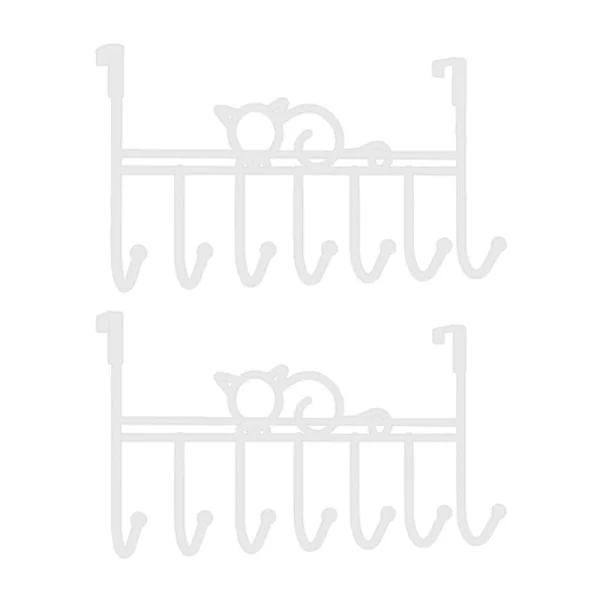 Over The Door Hanger Rack, Hook, Decorative Metal Door Hanger for Coats, Clothes, Hats (Cute Cat, White, Set of 2)