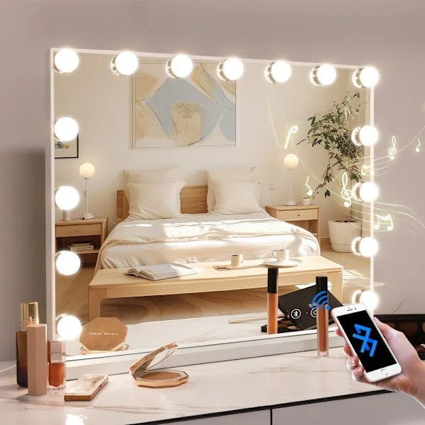FENCHILIN Hollywood sminkbordsspegel med lampor Bluetooth bordsskiva väggmontering vit 58 x 46 cm