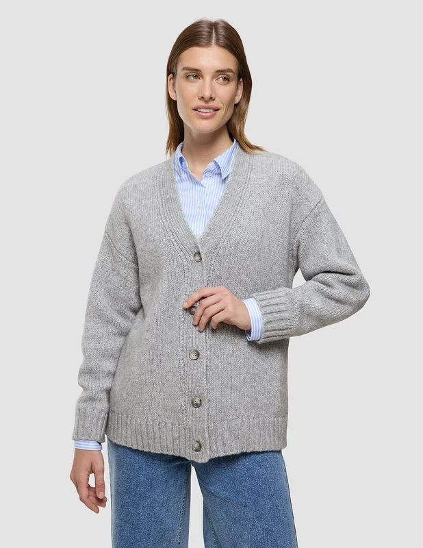 Shaping New Tomorrow - Dam - Chunky Soft Wool Knit Cardigan - Medium Grey Melange - Storlek XS