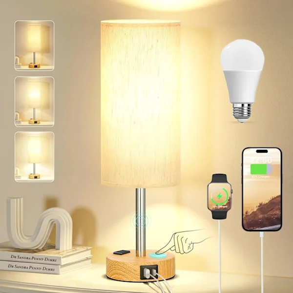 Berørings nattbordslampe med minne - Trinnløs dimbar lampe for soverom, liten nattbordslampe med doble USB-ladeport og AC-uttak, tre natt