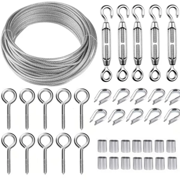 30M/2mm Rustfritt Stål Wire Kit med M5 Strammer for Planter, Klessnor, Rekkverk